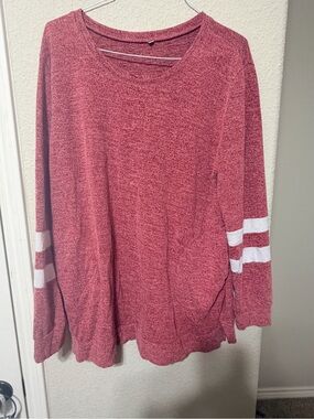 Soft Knit Women's Sweater in Heathered Rose with White Sleeve Stripes